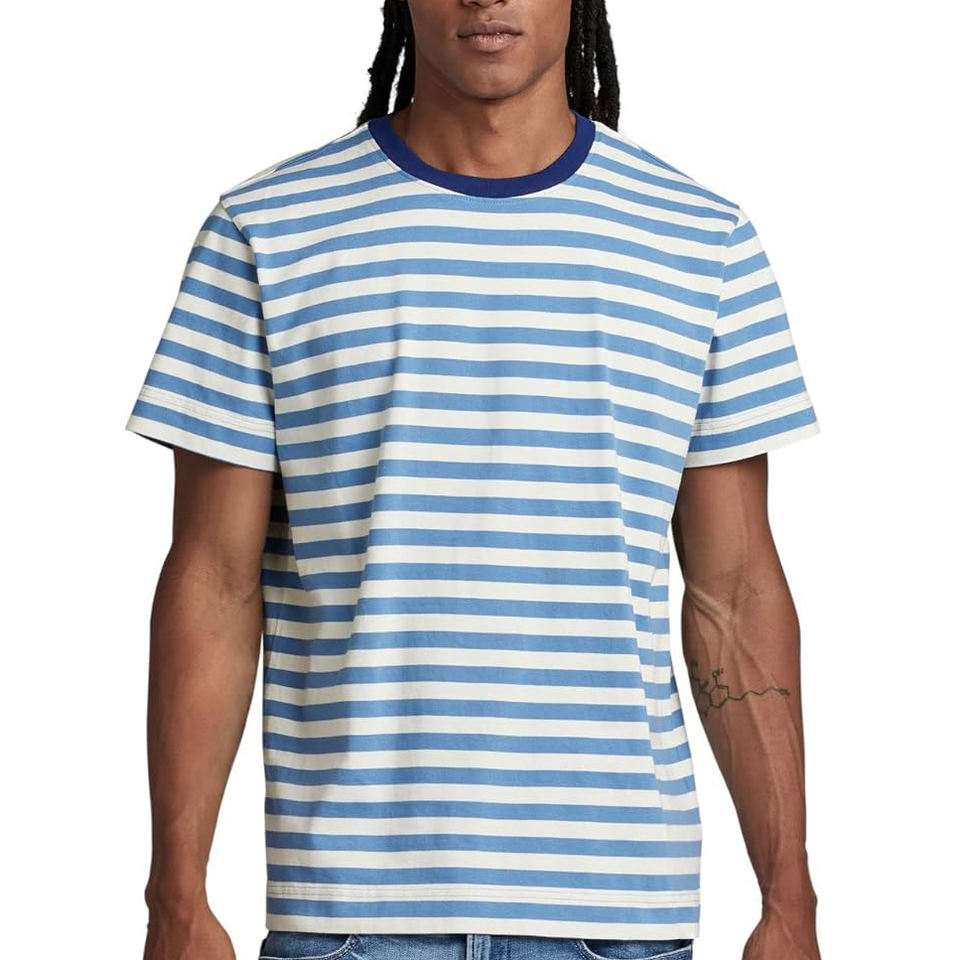 100% Cotton Custom  Heavy Fashion Couple Tshirt Vintage Wash Stripes Contrast Color Round Neck Short-sleeves T-shirt