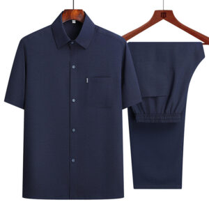 Men's Short Sleeve Shirt + Long Pants Suits Summer Clothes Lapel Button Solid Color 2 Piece Set Breathable Men's Casual Suits - Image 4