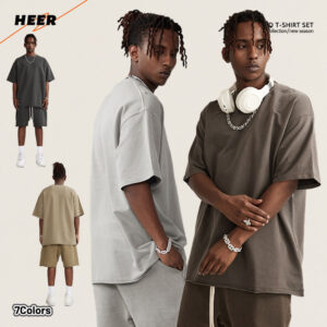 Washed Cotton Terry Men's T-shirt Over Size Summer Shorts Custom Acid Wash T-shirt and Shorts Set for Men - Image 1