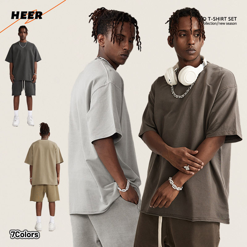 Washed Cotton Terry Men's T-shirt Over Size Summer Shorts Custom Acid Wash T-shirt and Shorts Set for Men