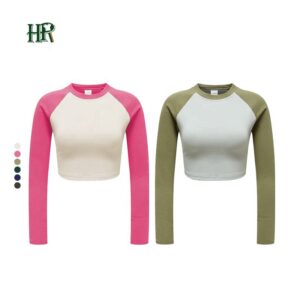 Wholesale Spring New Fashion Sexy Screen Printing Short T-shirts Colorblock Custom Logo Women's Long Sleeve T-shirt - Image 1