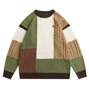 Oversized Knit Patchwork Sweater Clemence Knitwear Top Casual Ribbed Knitted Sweater Crew Neck Streetwear Striped Mens Clothing - Image 1