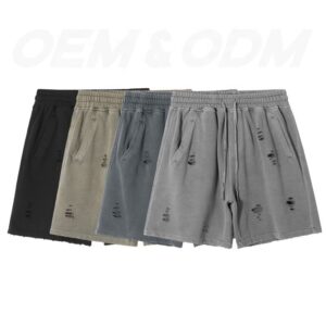 100% Cotton Heavyweight High Street French Terry Blank Hip Hop Vintage Torn Washed Shorts - Image 1