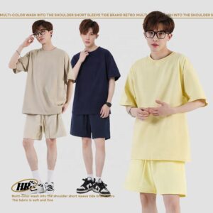 Summer Custom Logo Oversized Shirts Men Boxy Fit Tee 100% Cotton Plain Shorts and Shirt Set for Men - Image 3