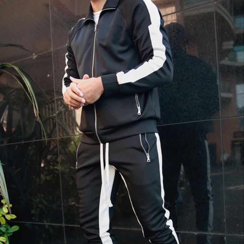 Trendy New Streetwear Spring Mens Clothes Outfit Solid Color Casual Suit Zipper Long-sleeved Jacket Stitching Trousers Sets