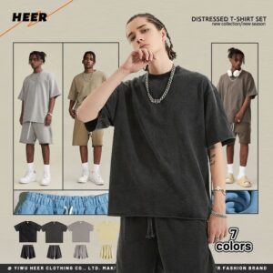 Washed Cotton Terry Men's T-shirt Over Size Summer Shorts Custom Acid Wash T-shirt and Shorts Set for Men - Image 2