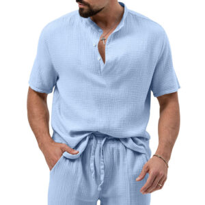 Custom Sportswear Two Piece Short Set Embroidery Casual Botton Short Label Sleeved Solid Color Sports Suit Joggers Men Shorts S - Image 4